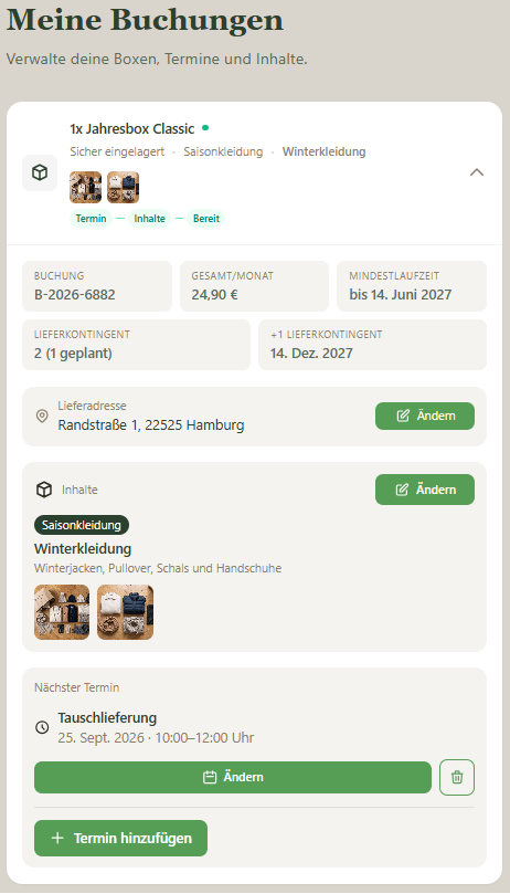Buchungsübersicht im Kundenportal: Jahresbox Classic mit dokumentierten Inhalten, Lieferadresse und nächstem Termin